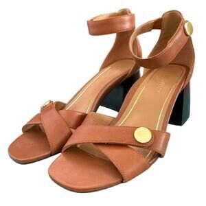 Vionic Leather Salinas Block 2.5" Heel Sandals in Tan & Gold Criss Cross-Size 7